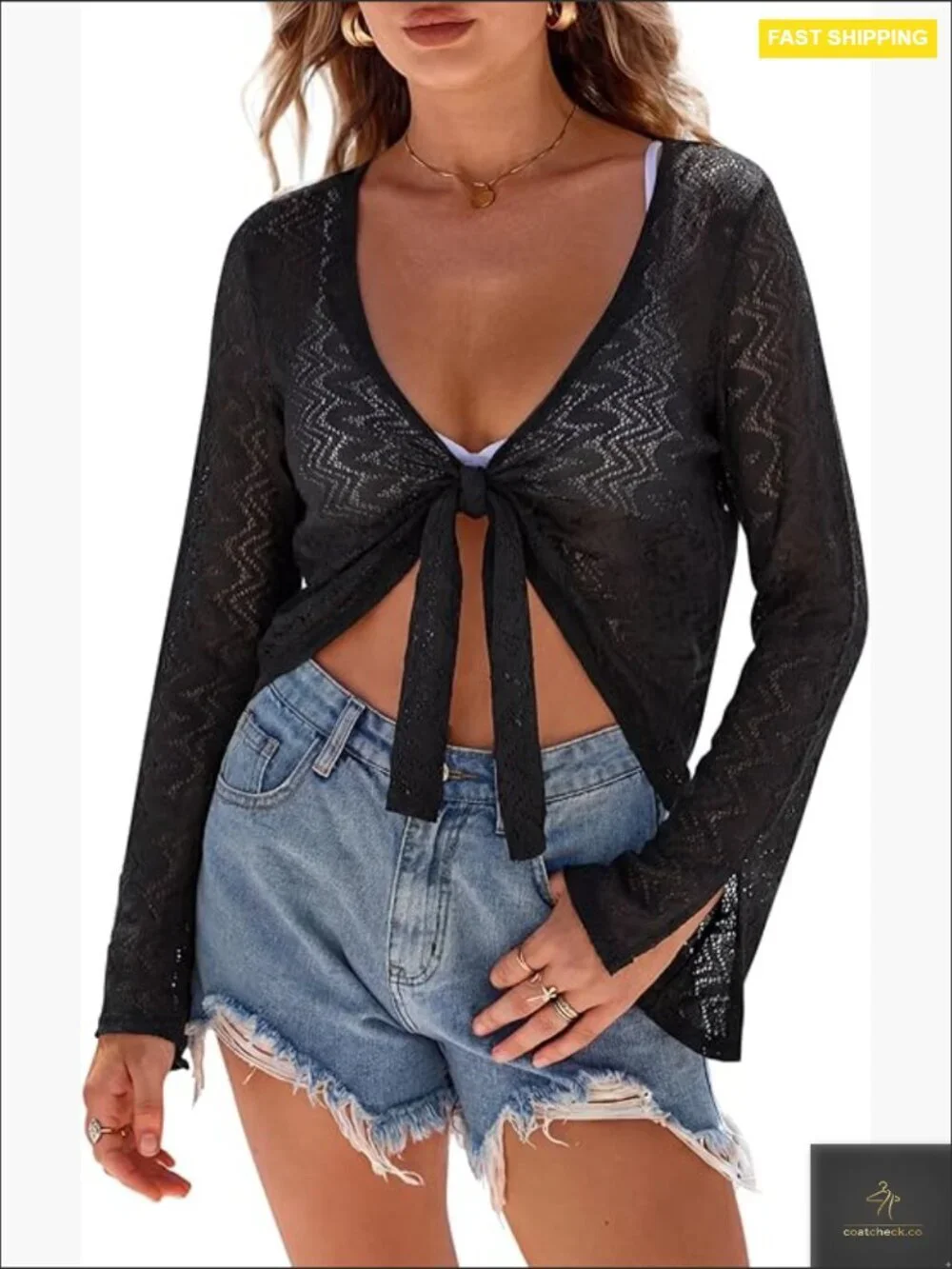Linen Blend Tie Front Bolero Shrug Beach Cover Up Bell Sleeves Hollow Out Wave
